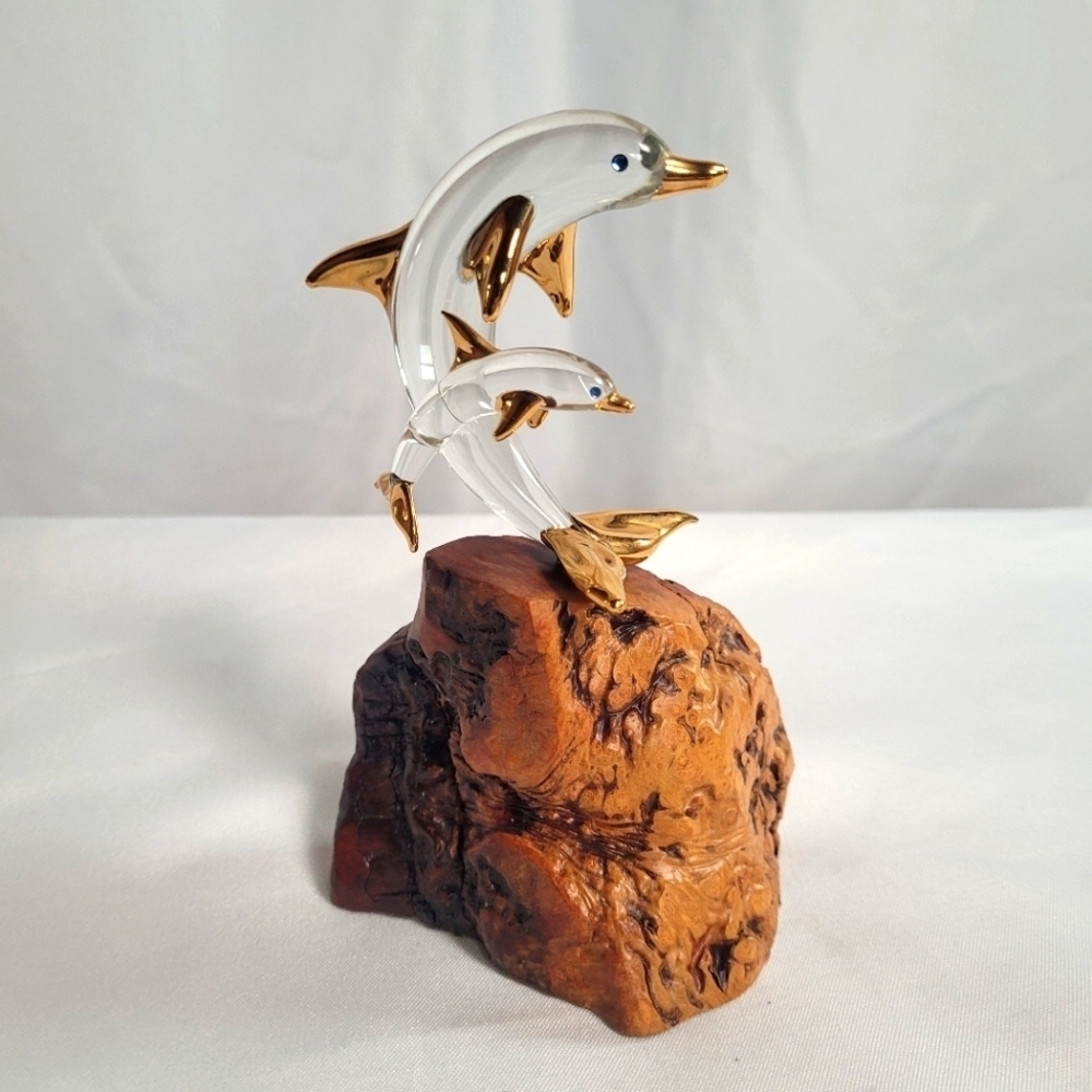 Glass Baron Dolphins Glass Figure 22K Gold Trim Wood Base